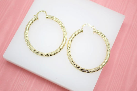 18K Gold Filled 4mm Thick Round Twisted Hoops Lever Back Earrings
