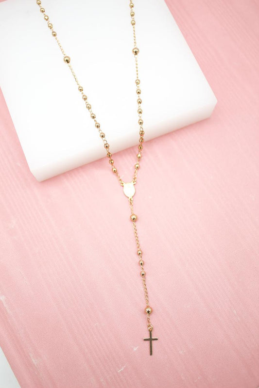 Catholic Gold Bead Rosary With Crucifix And Virgin Mary Charm