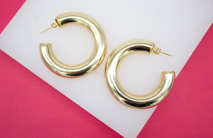 18K Gold Filled 7mm Chunky Thick Open Hoop Stud Hoops Earrings (J62)