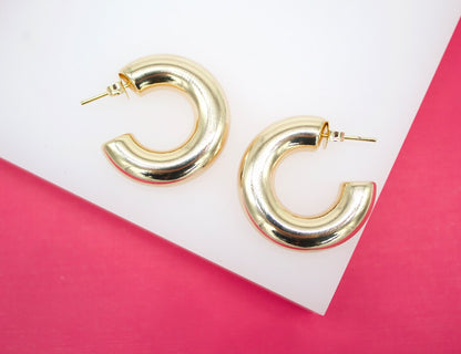 18K Gold Filled 7mm Chunky Thick Open Hoop Stud Hoops Earrings (J62)