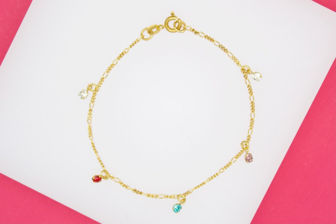 18K Gold Filled Dangle Multicolor Cz Stone Bracelet