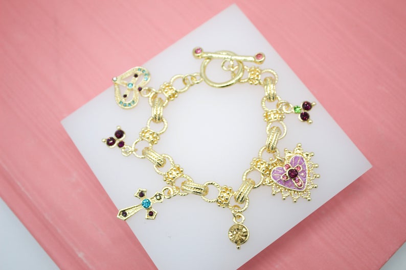 Gold Filled Heart Cross Multicolor CZ Stone Charms Bracelet