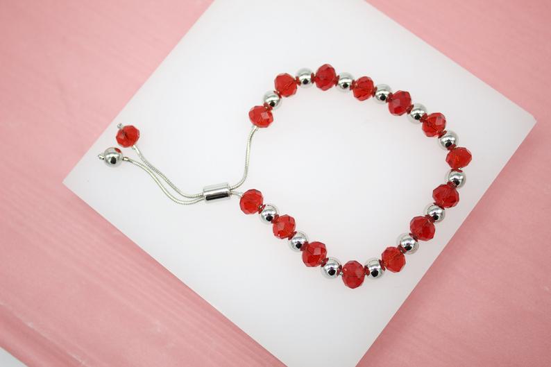 18K Rhodium Filled Green, Red Gemstone Beaded Natural Stone Adjustable Bracelet