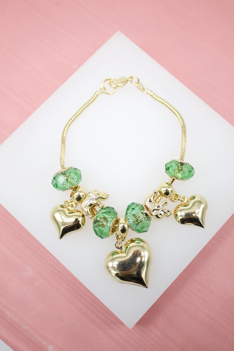 18K Gold Filled Elephant, Heart, Natural Stone Charm Bracelet