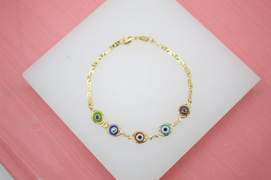 18K Gold Filled Multi Color Evil Eye Mariner Link Chain Bracelet