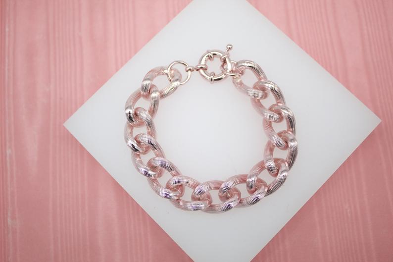 18K Gold Filled Pink Textured Chunky Thick Curb Cuban Link Chain Bracelet