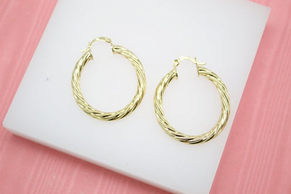 18K Gold Filled 4mm Thick Round Twisted Hoops Lever Back Earrings