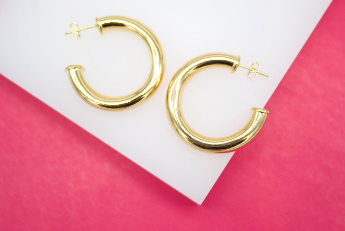 18K Gold Filled 6mm Thick Open Hoop Stud Hoops Earrings
