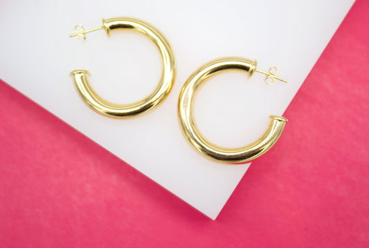 18K Gold Filled 6mm Thick Open Hoop Stud Hoops Earrings
