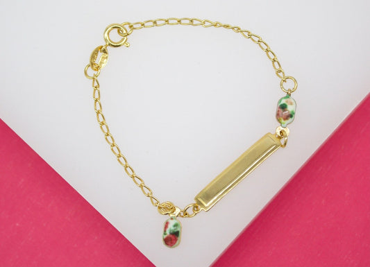 Gold Filled Vintage-Style Enamel flower Dangle Charm Bracelet With Plate