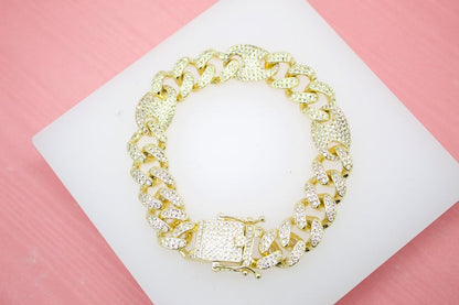 18K Gold Filled 12mm Cuban Curb Link And Mariner Link Chain Bracelet With Clear CZ Stones