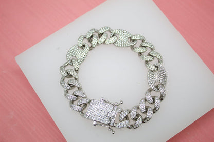 18K Gold Filled 12mm Cuban Curb Link And Mariner Link Chain Bracelet With Clear CZ Stones