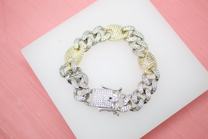 18K Gold Filled 12mm Cuban Curb Link And Mariner Link Chain Bracelet With Clear CZ Stones