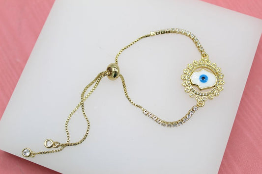 18K Gold Filled Adjustable Box Chain Bracelet With Clear CZ Stones On A Evil Eye Charm