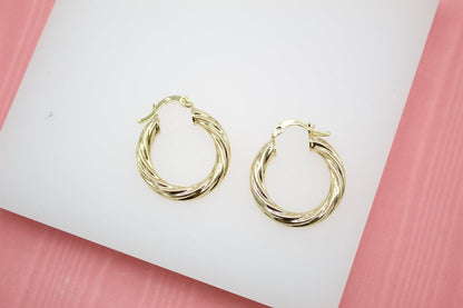 18K Gold Filled 4mm Thick Round Twisted Hoops Lever Back Earrings