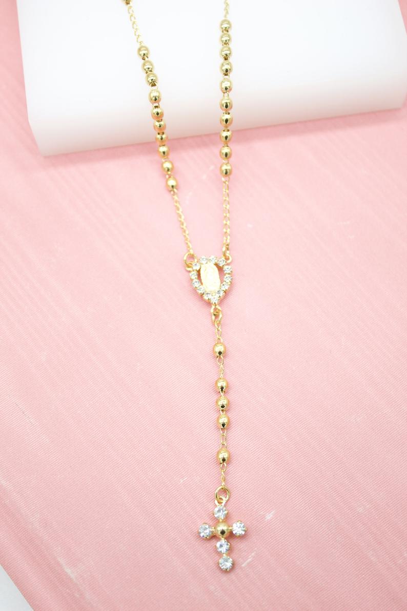 Catholic Gold Bead Rosary with CZ Crucifix & Virgin Mary Charm (G201A)
