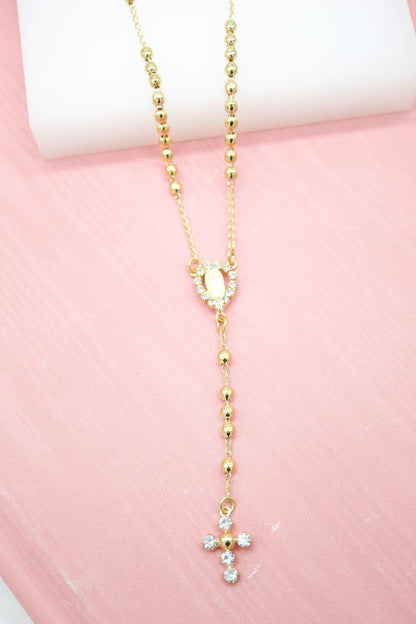 Catholic Gold Bead Rosary with CZ Crucifix & Virgin Mary Charm (G201A)
