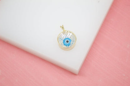 18K Gold Filled Cylinder Pendant With Evil Eye and CZ Stones