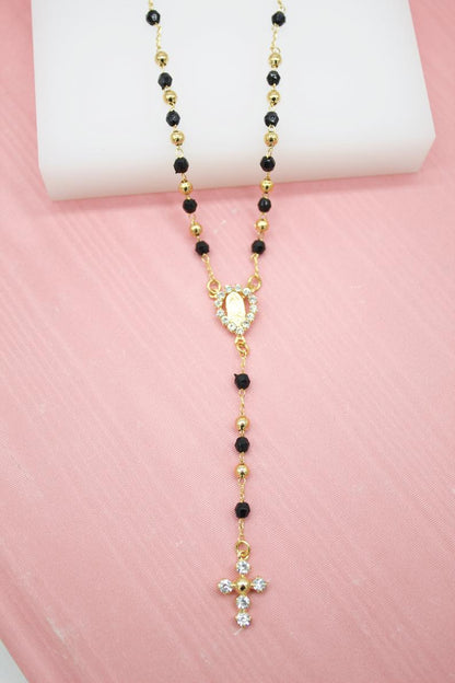 Catholic Gold Bead Rosary with CZ Crucifix & Virgin Mary Charm (G201A)
