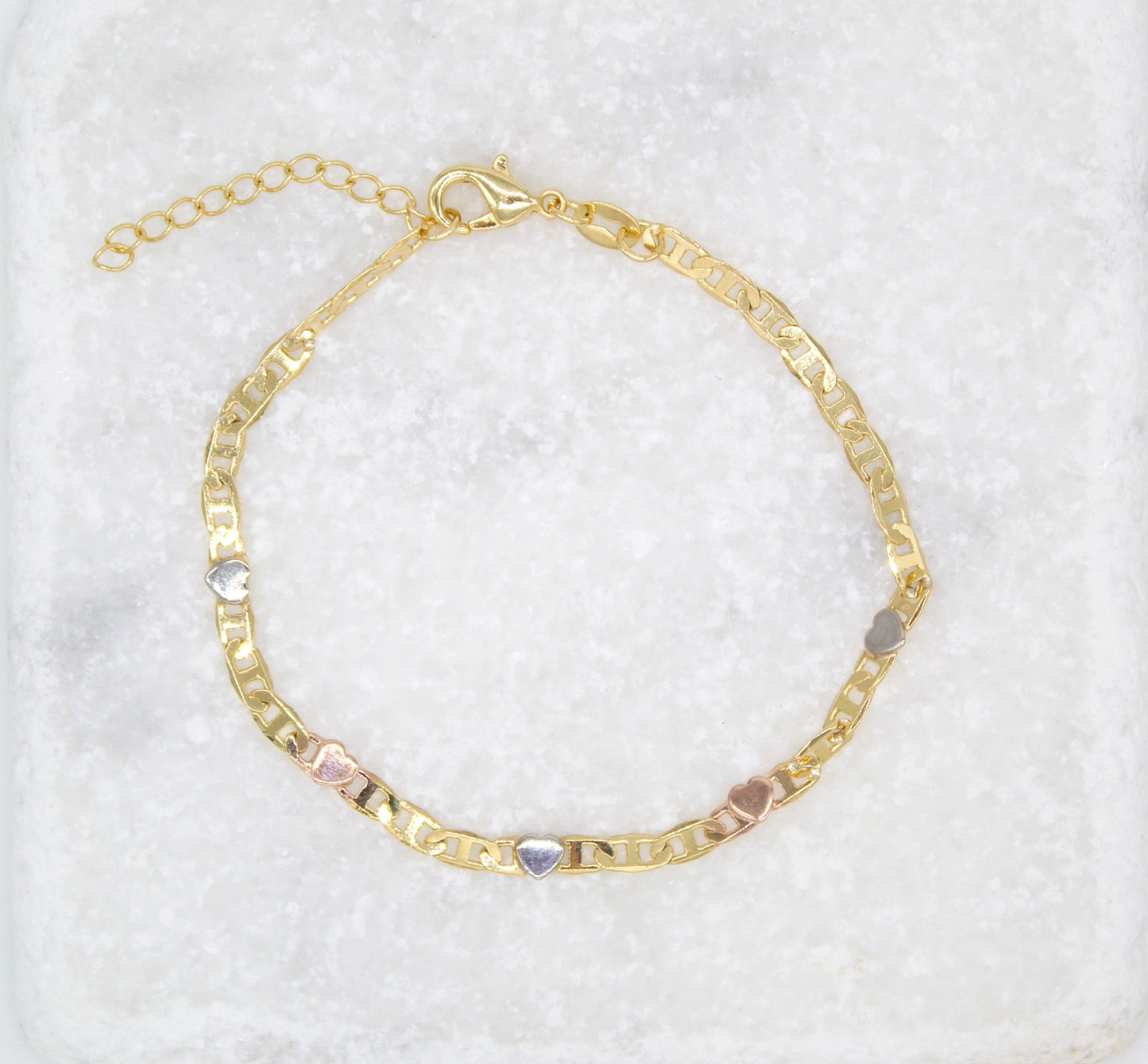 Three Tones 3mm Heart Flat Mariner Chain Bracelet