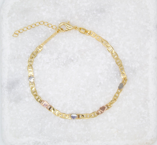 Three Tones 3mm Heart Flat Mariner Chain Bracelet