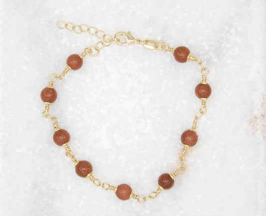 18K Gold Filled 6mm Brown aventurine Bead Bracelet