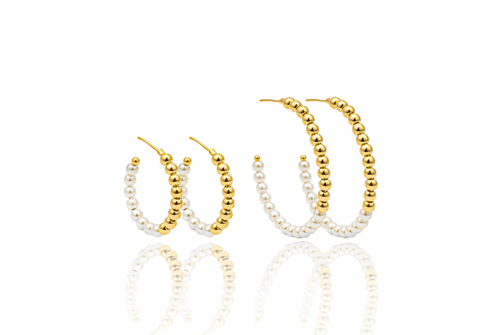 Half Pearl Half Bead Thin Open Hoops