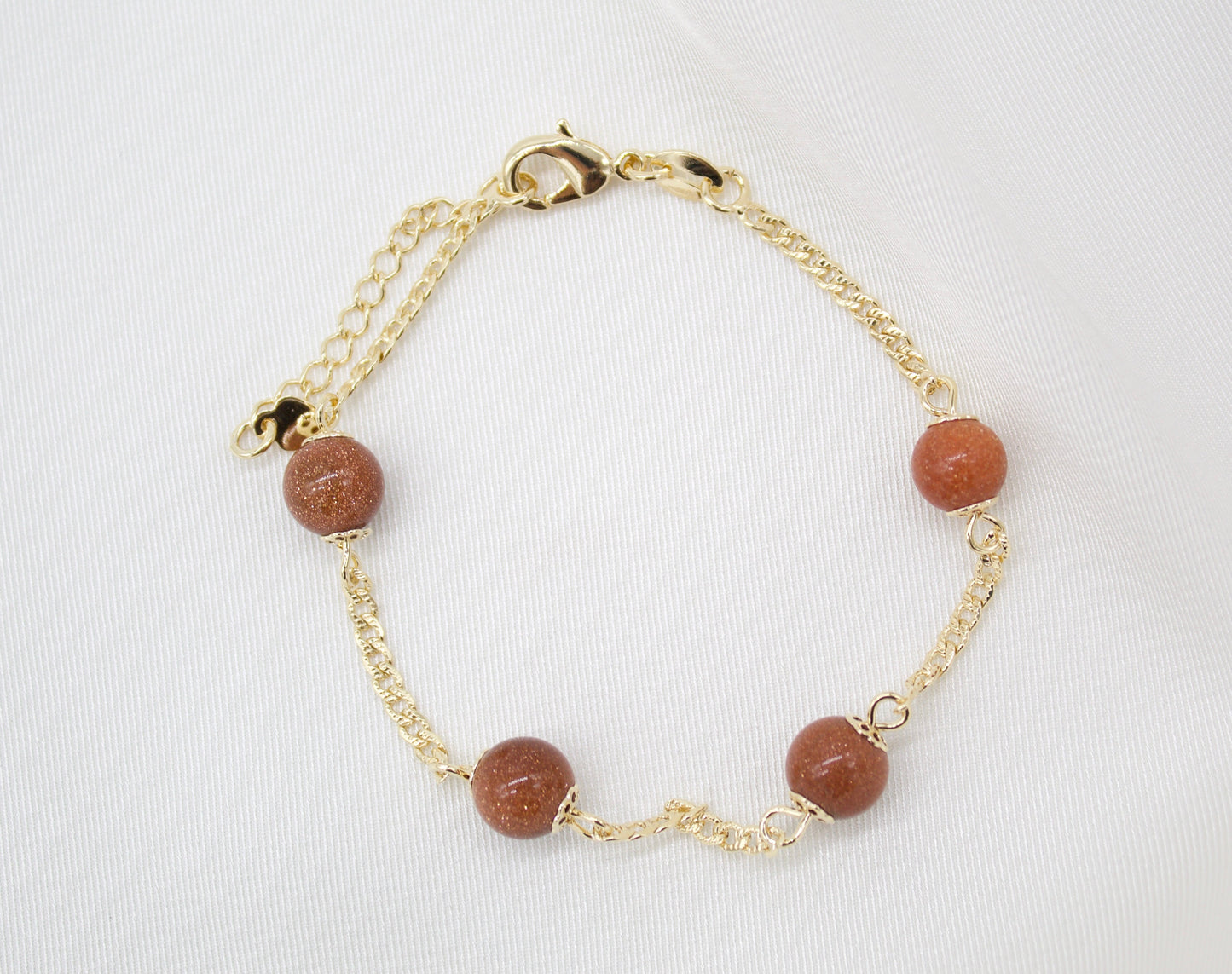 18K Gold Filled Brown aventurine Bead Curb Bracelet