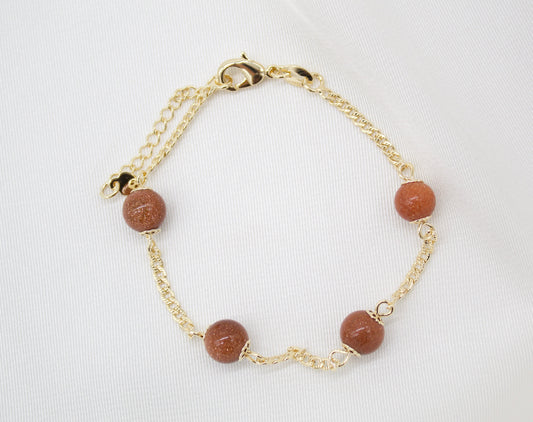 18K Gold Filled Brown aventurine Bead Curb Bracelet
