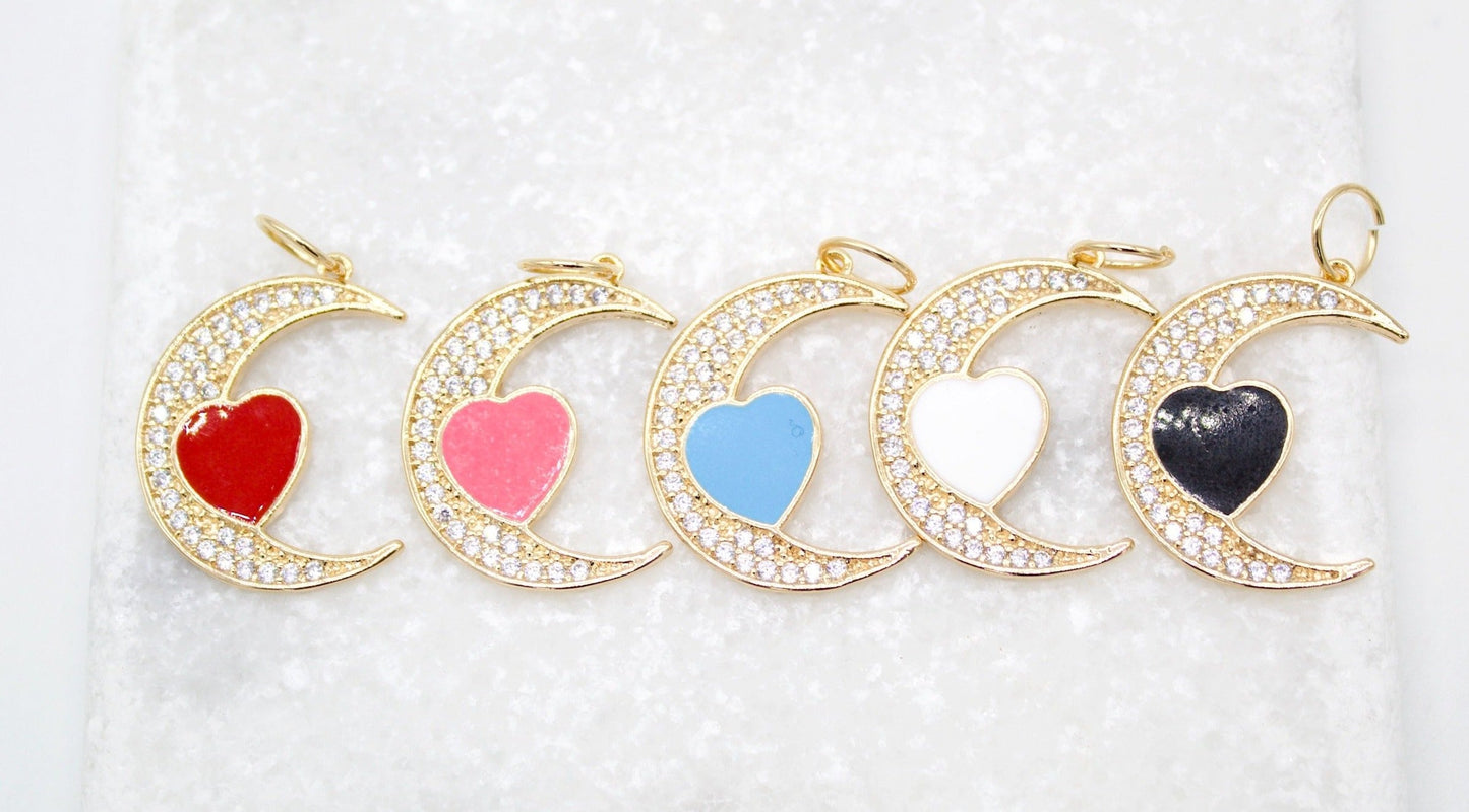 18K Gold Filled CZ Crescent Moon With Enamel Heart Pendant
