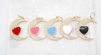 18K Gold Filled CZ Crescent Moon With Enamel Heart Pendant