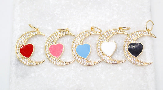 18K Gold Filled CZ Crescent Moon With Enamel Heart Pendant