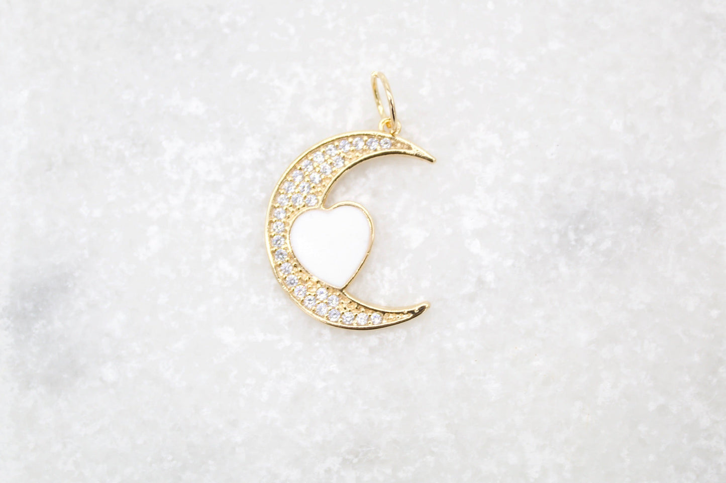 18K Gold Filled CZ Crescent Moon With Enamel Heart Pendant