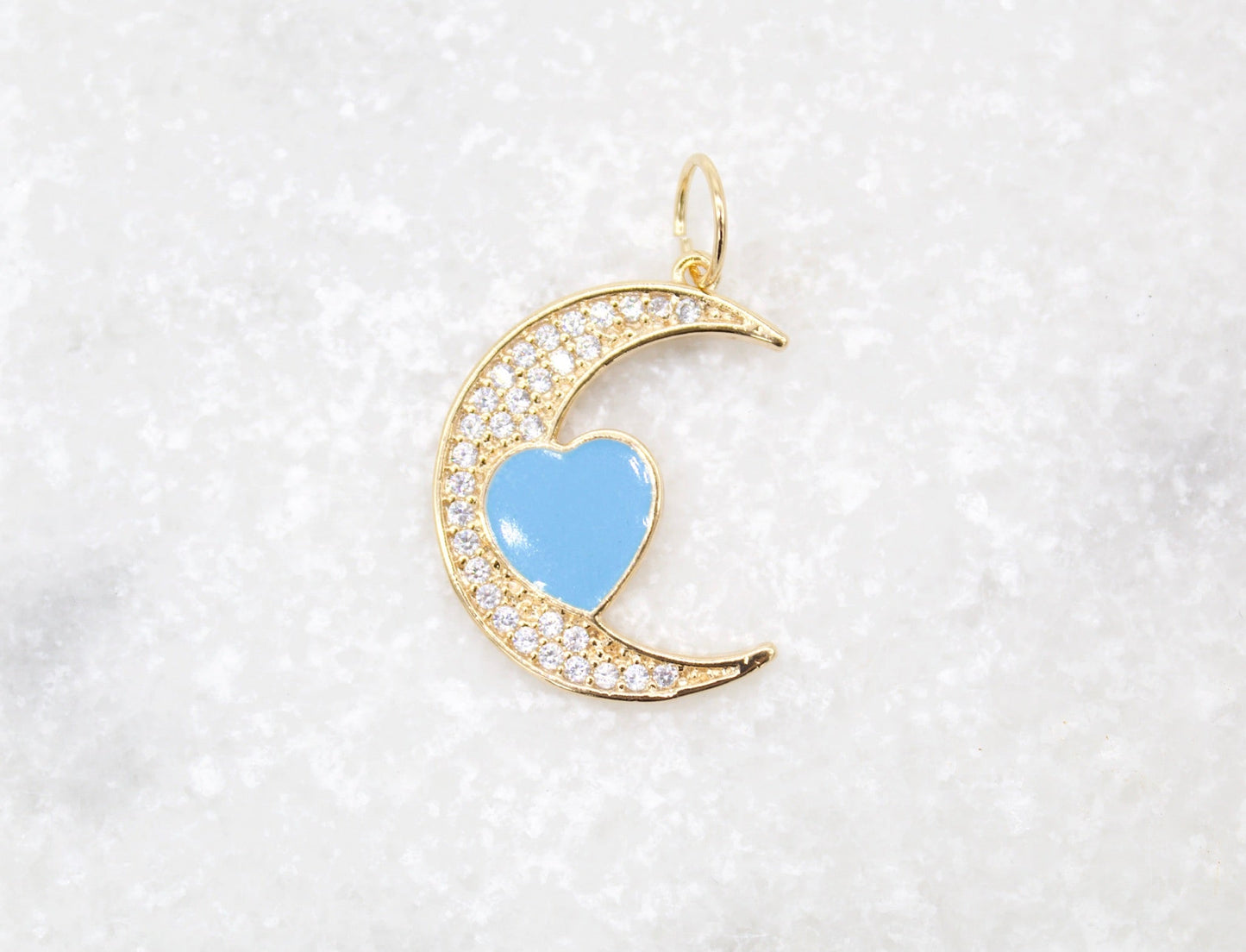 18K Gold Filled CZ Crescent Moon With Enamel Heart Pendant