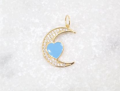 18K Gold Filled CZ Crescent Moon With Enamel Heart Pendant