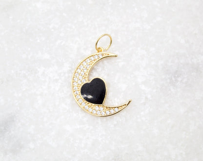 18K Gold Filled CZ Crescent Moon With Enamel Heart Pendant