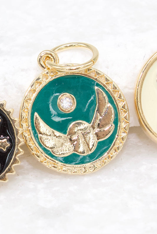 Round Enamel Flying Beetle Charm Coin With CZ Stone