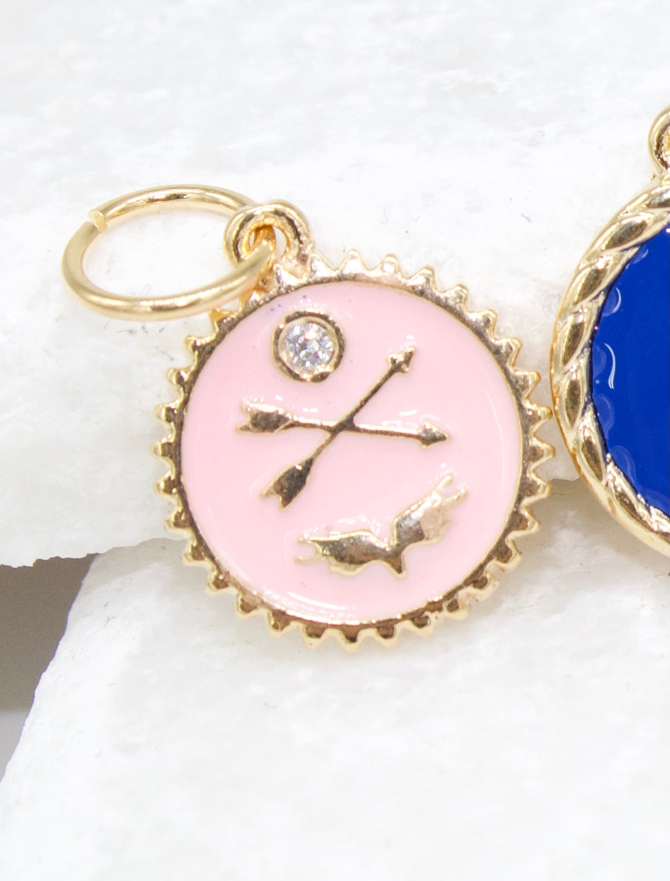 Round Enamel Arrows Wings Coin Charm With CZ Stone