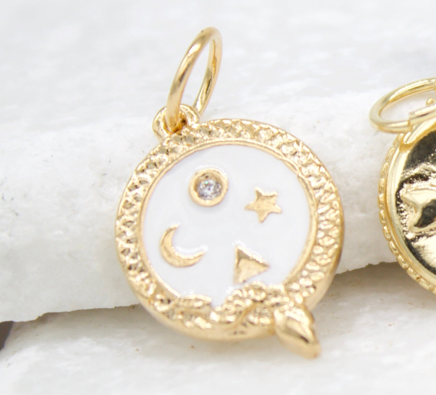 Round Enamel Star Moon Triangle Snake Charm Coin With CZ Stone