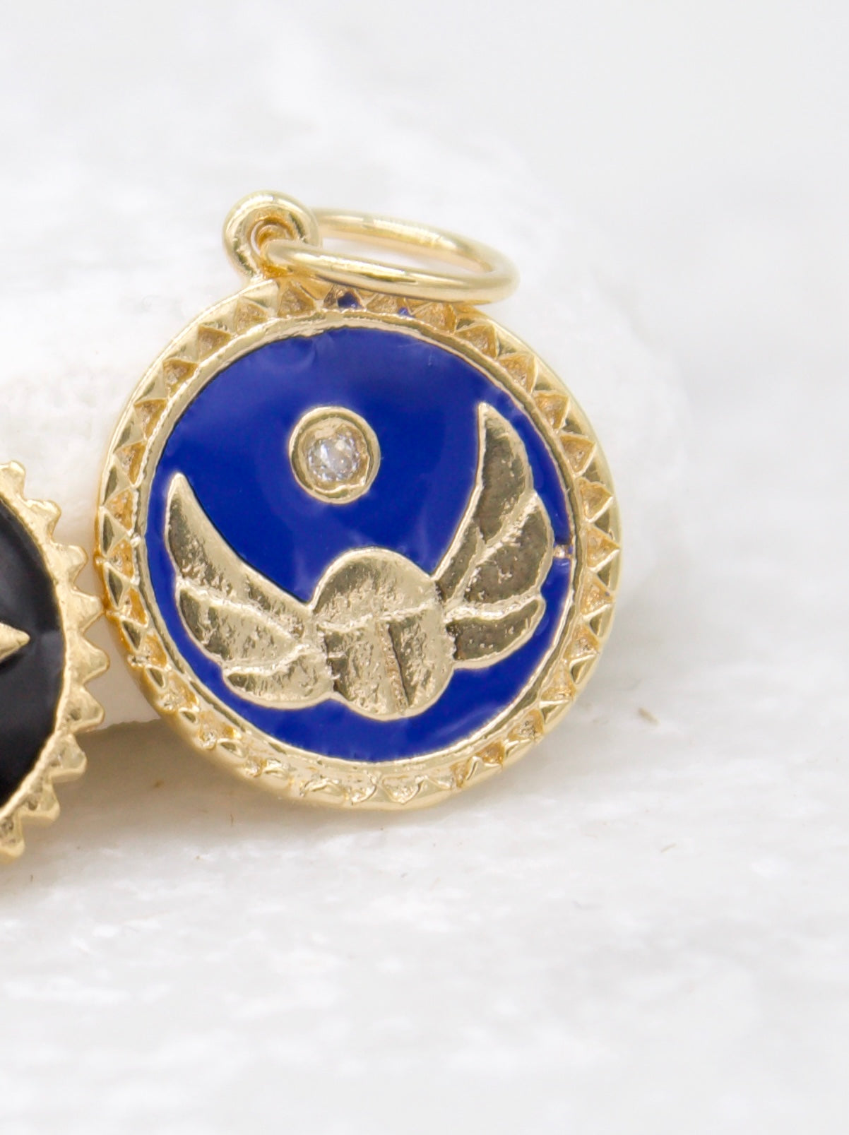 Round Enamel Flying Beetle Charm Coin With CZ Stone