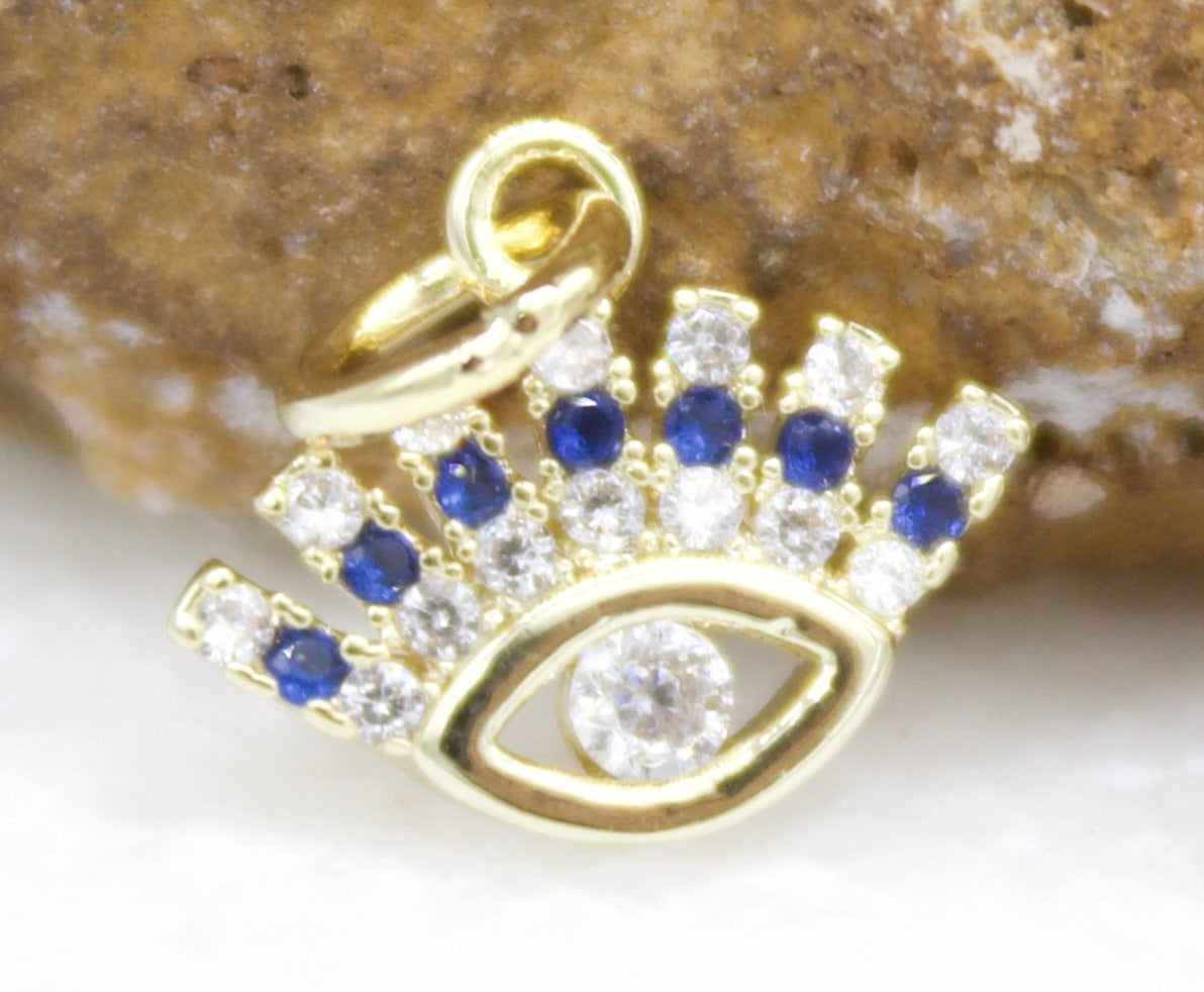 18K Gold Filled Tiny Evil Eye Charm Pendant With Blue and Clear CZ Stones Stone