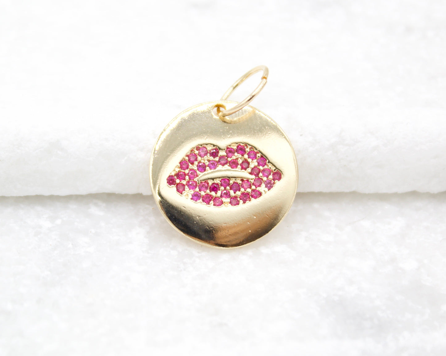 18K Gold Filled Lipstick Lips Kiss Pendant Love Charm With CZ Stones