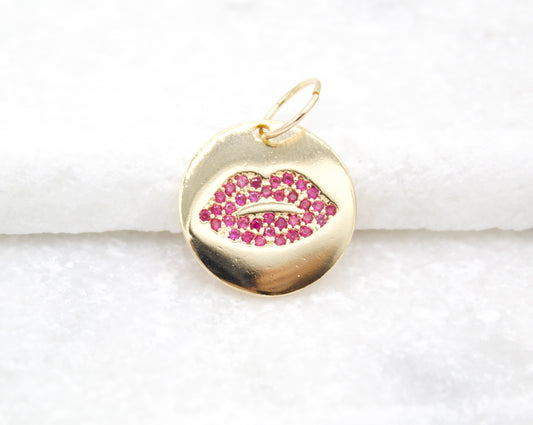 18K Gold Filled Lipstick Lips Kiss Pendant Love Charm With CZ Stones