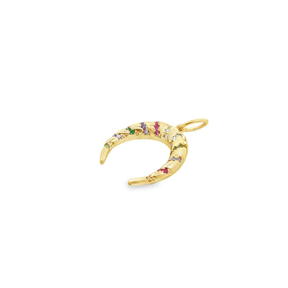 18K Gold Filled Slim Croissant Pendant With Colorful CZ Stones