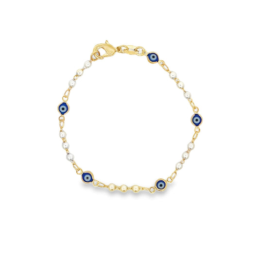 Evil Eye Charm Triple Pearl Link Bracelet