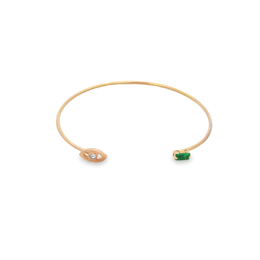 Evil Eye Open Bangle Cuff Bracelet With Green Rectangle Stone
