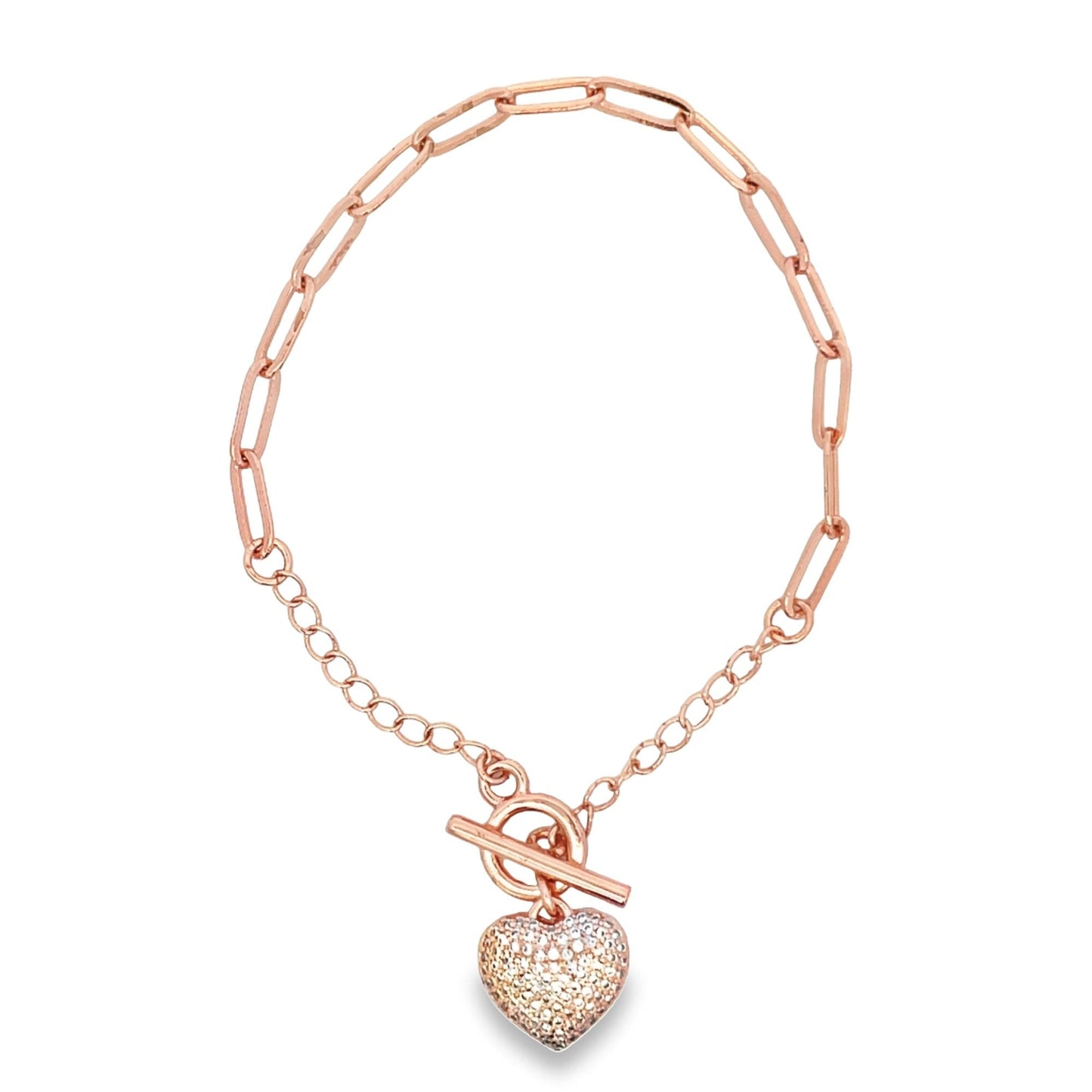 Paper Clip Chain Bracelet With A Heart Clear Micro CZ Stones