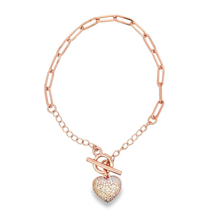 Paper Clip Chain Bracelet With A Heart Clear Micro CZ Stones