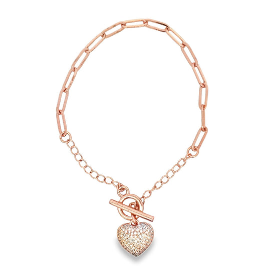 Paper Clip Chain Bracelet With A Heart Clear Micro CZ Stones