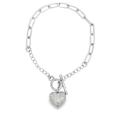 Paper Clip Chain Bracelet With A Heart Clear Micro CZ Stones